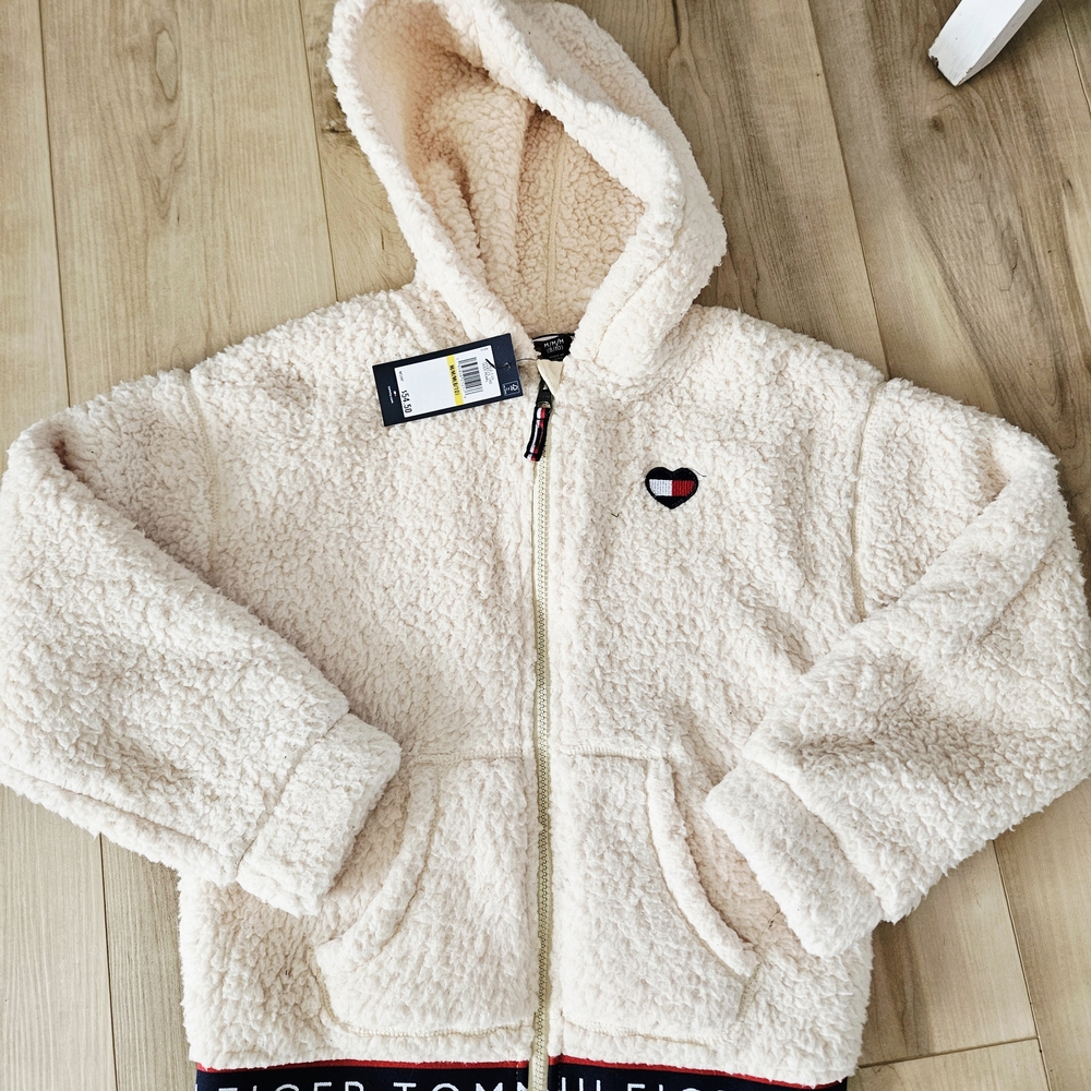 Tommy Hilfiger Cream Sherpa Zip-Up Hoodie with Heart Logo